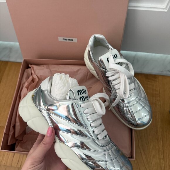 NWT Miu Miu Low Top Sneakers Metallic Silver Chunky Rubber Sole Stitching - Picture 6 of 11